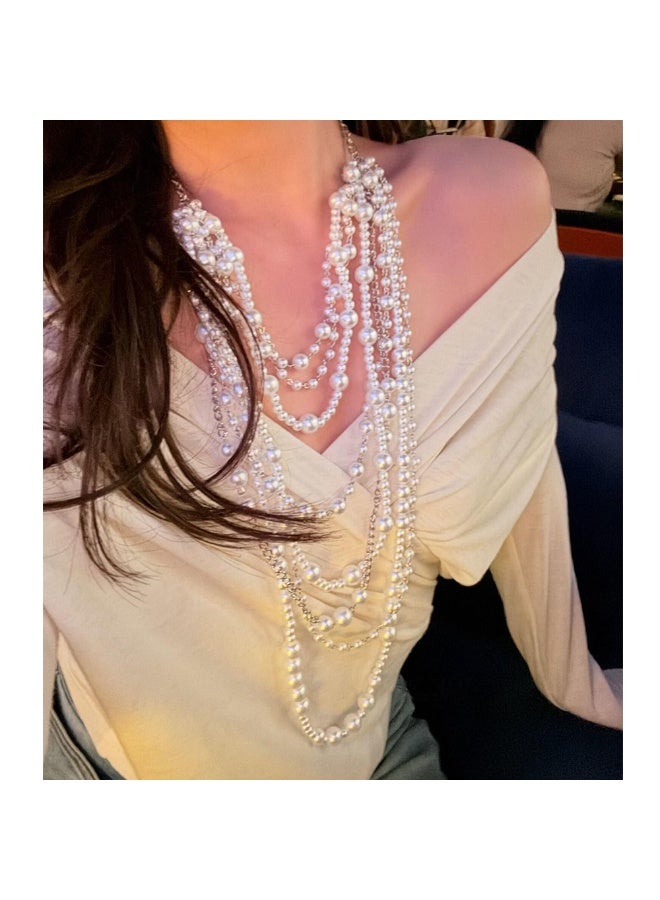 French Elegant Multi-Layered Pearl Necklace & Earrings Set for Women, Long Choker Jewelry, Perfect for Wedding Evening Party - Image 4